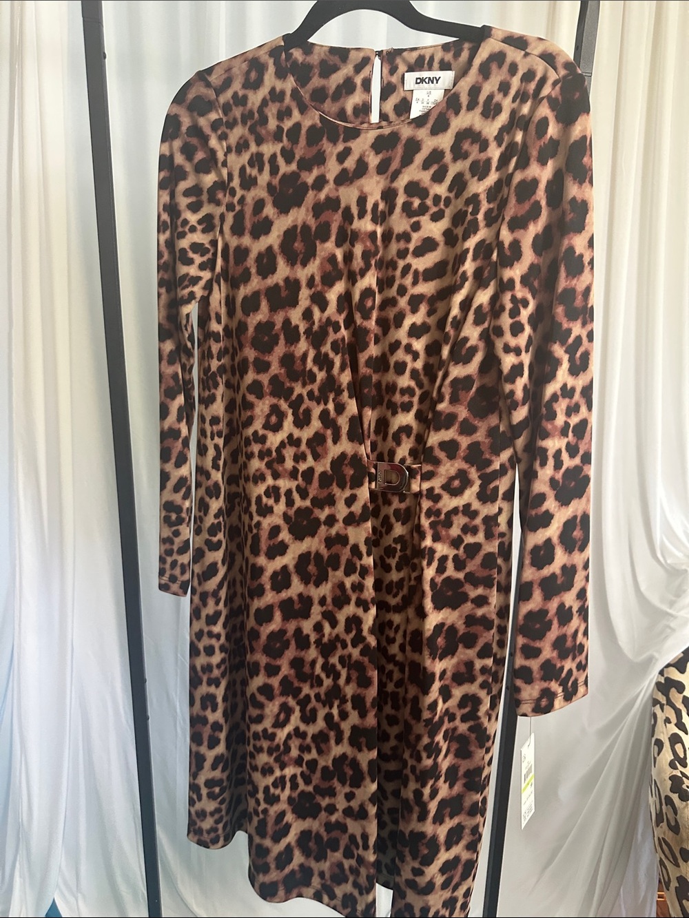 DKNY Leopard Print Long Sleeve Womens Dress in Brown and Black - Picture 4 of 8